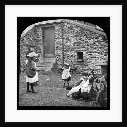 Victorian Children and Woman Feeding Hens on a Farm, Isle of Man by George Bellett Cowen